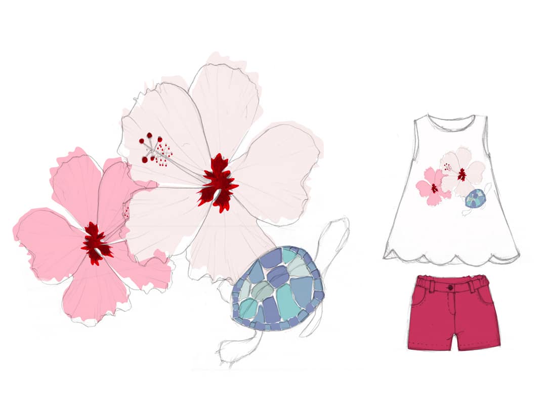 Mise-en-couleurs-et-imprime-hibiscus-et-tortue-place-sur-vetement---Collection-Pacifique